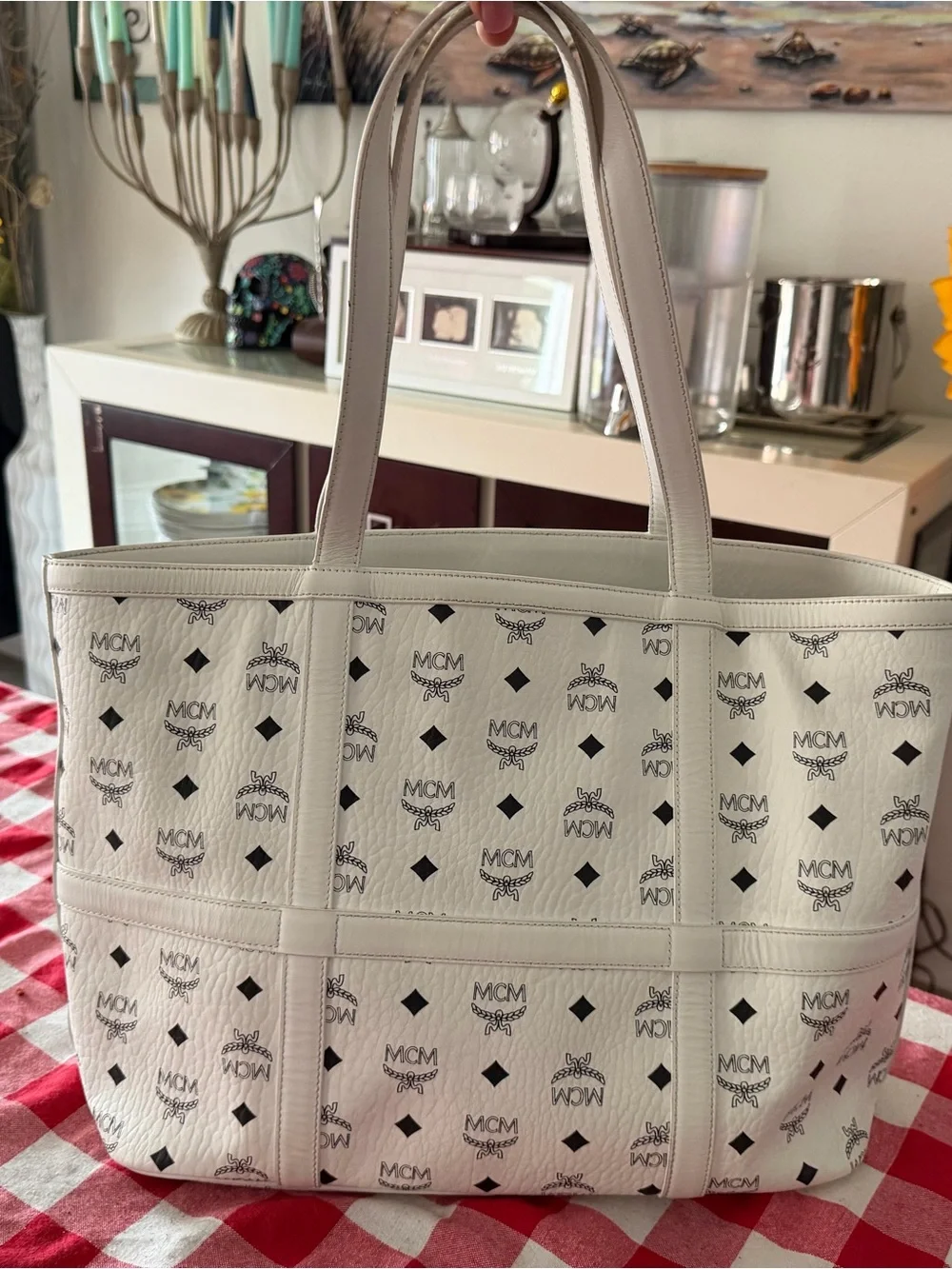 MCM White Leather Logo-Print Tote with Black Accents